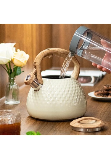 Valkyrie Modern Tasarım Düdüklü Kettle 3l Paslanmaz Çelik Ergonomik Su Isıtıcı Çaydanlık Islıklı Krem