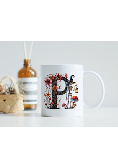 P Harfi Şapkalı İskelet Figürlü Ve Çiçekli Kupa Bardak - Cadılar Bayramı / Halloween Özel Hediye Beyaz