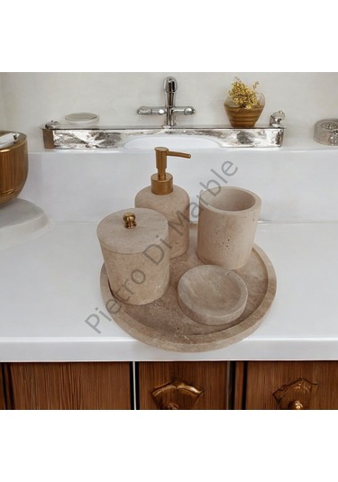 Sarı Traverten Klasik Model 5 Parça Mat Gold Renk Düğme Aksesuarlı Banyo Seti Sarı Traverten