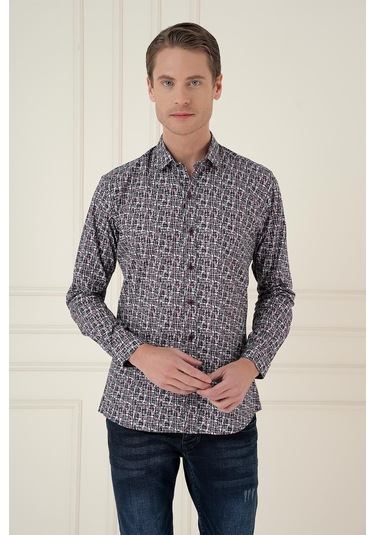 Slim Fit Baskılı %100 Pamuk Spor Gri Gömlek G 1586 Gri