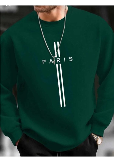 Kozia Outdoors Paris Dikey Baskili Oversize Unisex O Yaka Sweashirt Haki