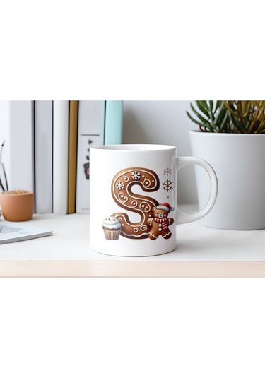 S Kurabiye Harf Ve Ayıcık Detaylı Kupa Bardak - Yeni Yıl / Yılbaşı Temalı Tasarım - Noel Hediye Beyaz