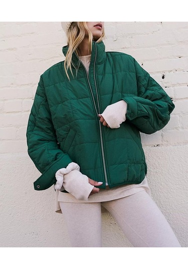 Kadın Hafif Fermuarlı Sıkıştırılabilir Dolgulu Aşağı Mont Koyu Yeşil Koyu Yeşil