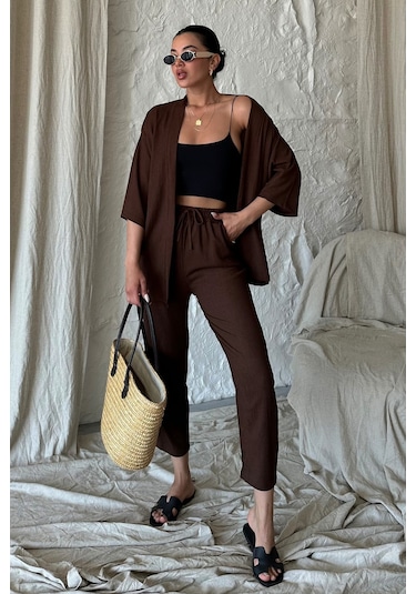 Modagen Kadın Kahve Kimono Alt Üst Havuç Pantolon Takım Kahve