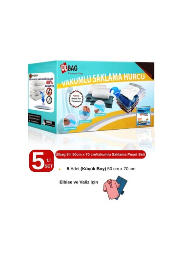 5'li Vakumlu Poşet Seti En Küçük Boy 50 Cm X 70 Cm Yastık, Elbise Ve Bavul Içi Vakumlu Hurç Şeffaf