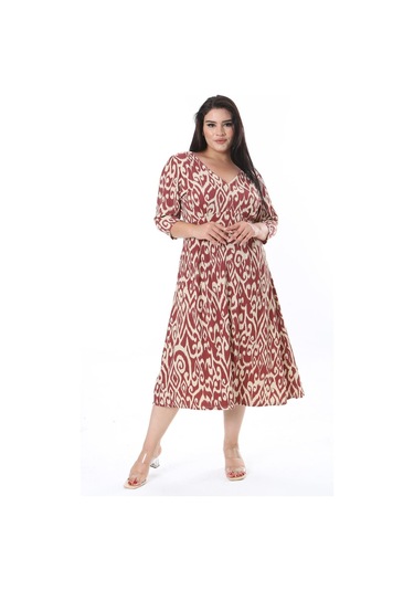 Kadın Büyük Beden Renkli Bürümcük Kumaş V Yakalı Ön Yırtmaçlı Elbise 65n38318-renkli Çok Renkli