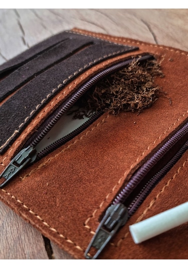 Tütün Kesesi Cüzdan Tütün Çantası Tütünlük %100 Süet Deri Taba Küçük. Açık Boyut: 13cm 19cm