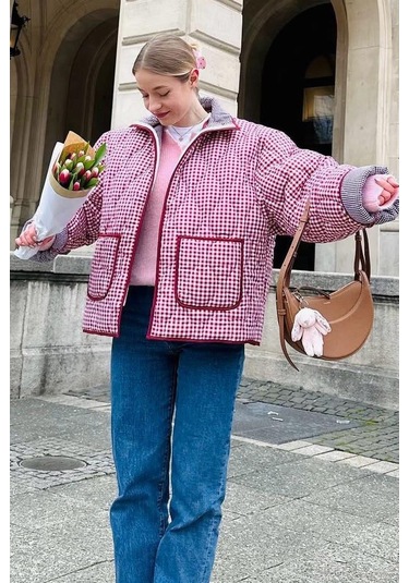 Kırmızı Pötikareli Cepli Kadın Mont Mg2488 Kırmızı