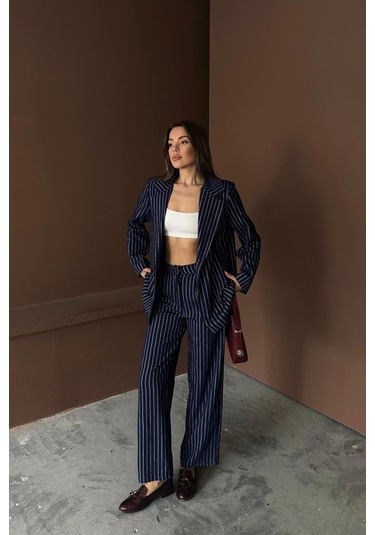 Lacivert Çizgili Ceket Ve Pantolon Takım Lacivert