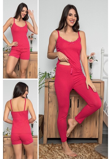 Kadın Fuşya Renkli Dantel Detaylı Şortlu Ve Taytlı Pijama Takımı 3'lü Set 75008 Fuşya