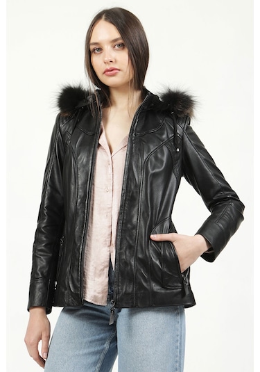 Dericlub Mistral Kadın Kapüşonlu Hakiki Deri Kaban Siyah Siyah
