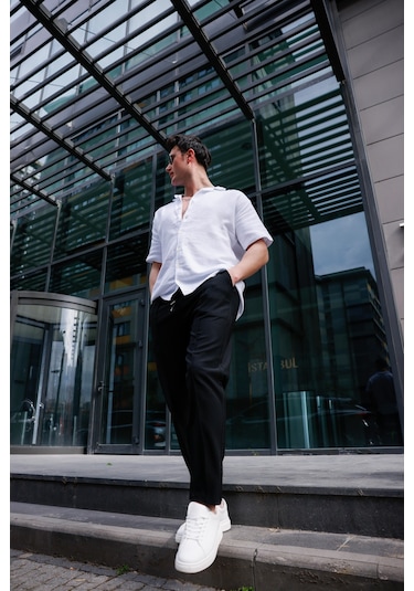 Erkek Siyah Renk Esnek Likralı Fermuar Detaylı Jogger Pantolon-1746 Siyah