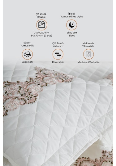 Evlen Home %100 Pamuk May Dantelli Yatak Örtüsü Çift Kişilik Elyaf Dolgulu Kapitone Pike Takımı Güpürlü Beyaz