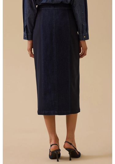 Seçil Kadın Çift Kumaşlı Yırtmaç Detaylı Jean Etek 0001 Lacivert Lacivert