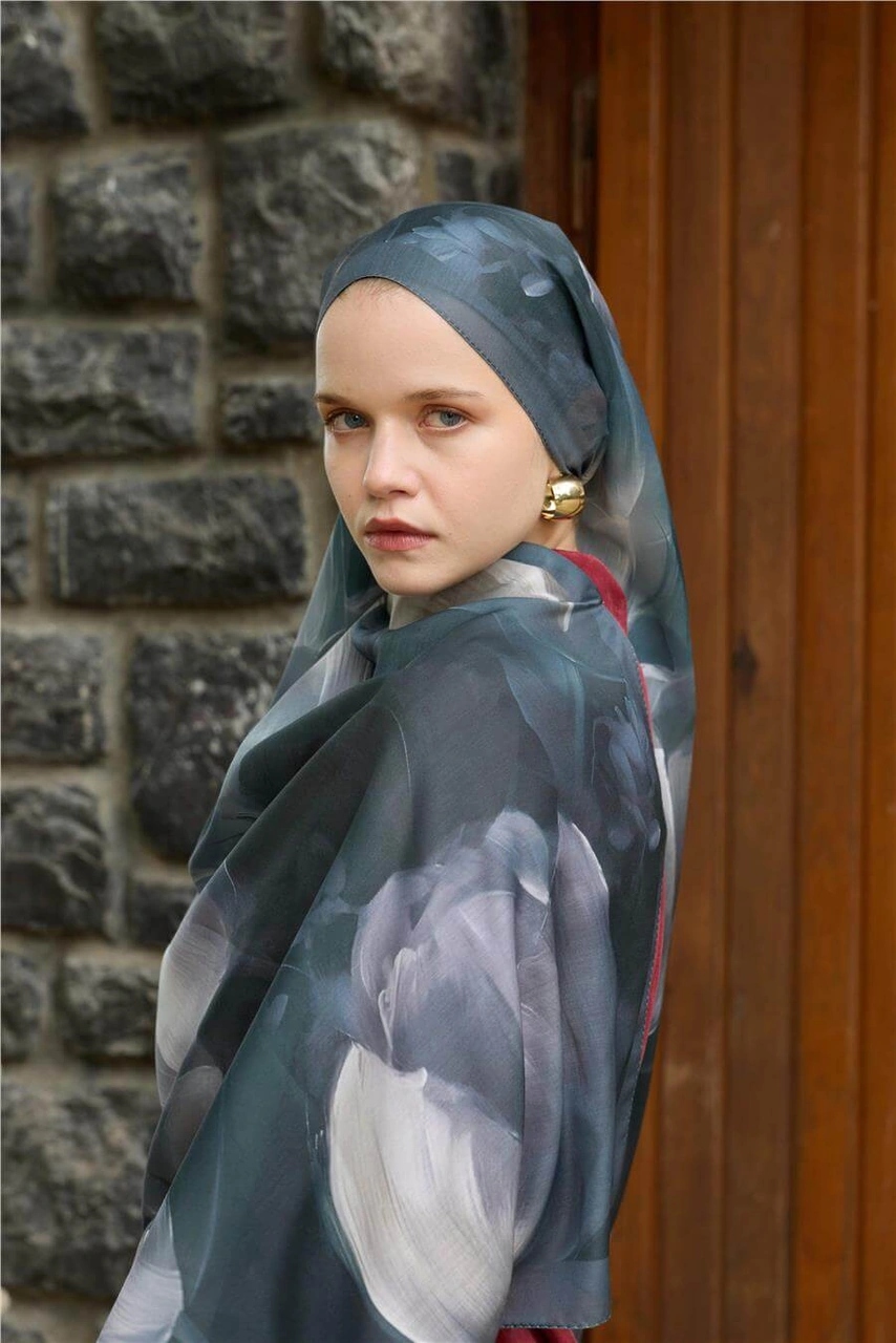 Siyah/yeşil Winter Bloom Soft Şal Siyah