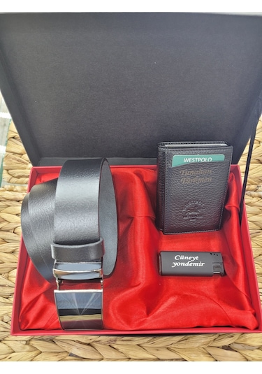Westpolo Hakiki Deri Mekanizmalı Cüzdan Hakiki Deri Kemer Erkek Set Çakmak Hediyeli Siyah