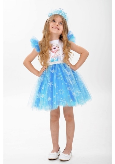 Elsa Karlar Kraliçesi Kar Taneli Taçlı Kız Çocuk Parti Elbisesi