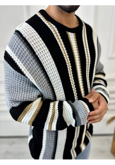 Kazak Oversize Renkli Örgü Desenli Naturel Pamuk Bol Kesim Salaş Triko Kazak Gri