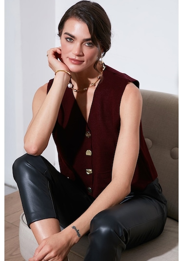 Lela Standart Fit V Yaka Düğmeli Triko Bayan Yelek 4616177 Bordo