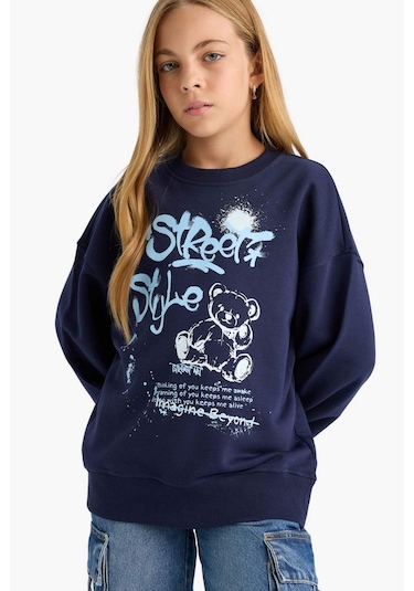 Defacto Kız Çocuk Oversize Geniş Kalıp Bisiklet Yaka Baskılı Sweatshirt E6755a825aunv241 Lacivert
