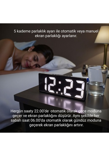 Upway Çift Alarmlı Dijital Masa Saati-aynalı Termometreli Tarihli Sese Duyarlı Beyaz Siyah - Beyaz