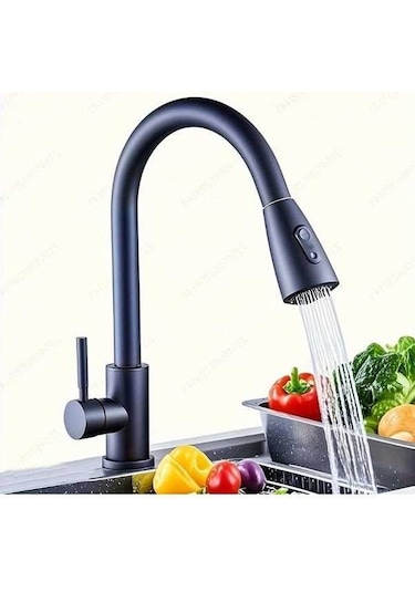 Trendooze Modern Siyah 360 Derece Döner Başlıklı Çekmeli Paslanmaz Çelik Parmak İzi Geçirmez Musluk