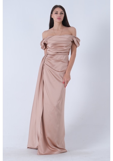 Feminist Bej Drape Detaylı Saten Kumaş Abiye Elbise 9704858.55
