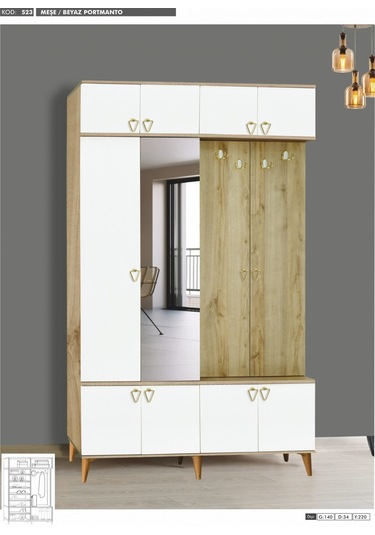 3 Kapılı Çam/Beyaz Yüklüklü Portmanto