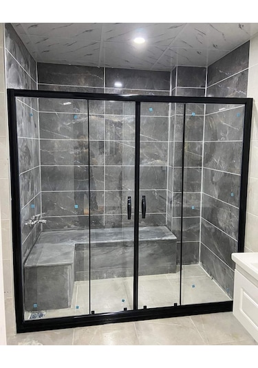 Teknesiz Cam Duşakabin 2 Sabit 2 Sürgülü Siyah Profilli Sp111 Siyah