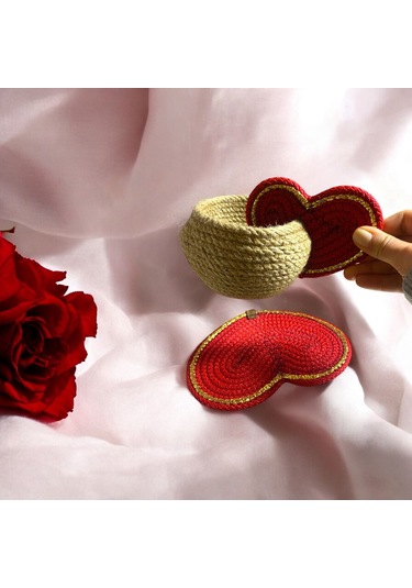 Sevgililer Günü Hediyesi, Kalpli Fincan Sepet, Dekoratif Sepet, Hediyelik Sepet, Dekor Sepet, Çok Amaçlı Sepet Kırmızı - Kahverengi