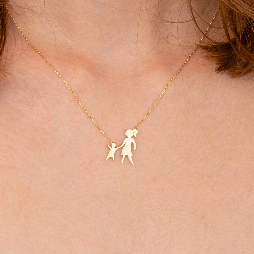 Gümüş Kolye - Anne Kız 925 Ayar Gümüş Kolye Sarı