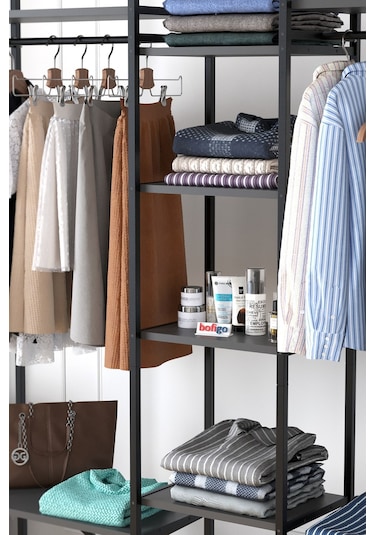 10 Raflı Metal Gardırop Metal Portmanto Açık Gardırop Elbise Dolabı Vestiyer Openix Antrasit