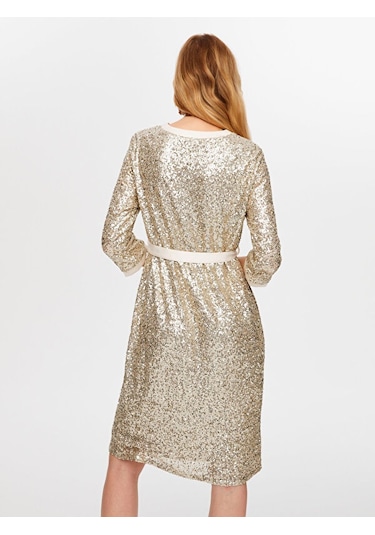 Payet İşli V Yaka 3/4 Kol Abiye Gömlek Elbise W26aby009 Uw26aby00934 Bej