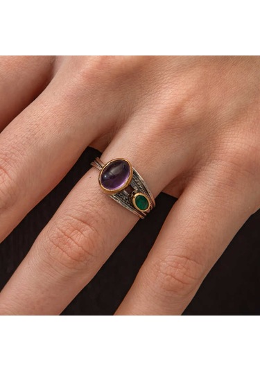 Blackcraft Gümüş Ametist Taşlı Zümrüt Otantik Ayarlanabilir Kadın Yüzük Bc-a62bb7 Renkli