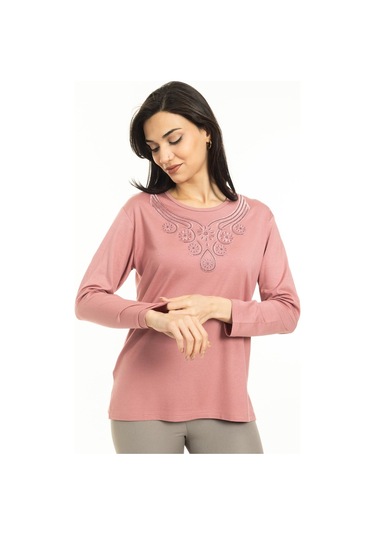 Kadın Orta Yaş Ve Üzeri Yeni Model Yuvarlak Yaka Likralı Anne Penye Bluz 30550-pudra
