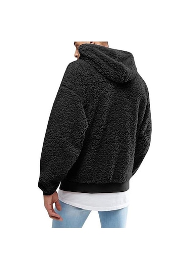 Erkekler Kalın Polar Peluş Sıcak Hoodie Kazak Kış Peluş Kürk Kapşonlu Tişörtü Siyah