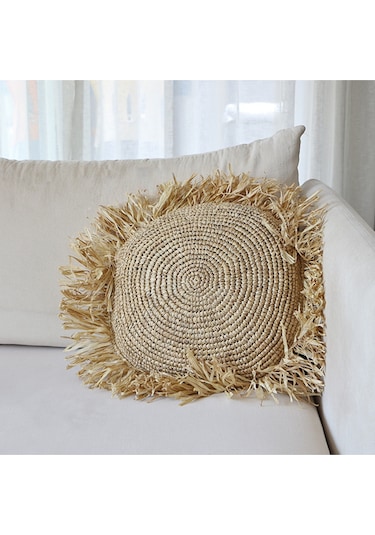 Çift Yön Örgü 40x40 Cm. Doğal Rafya Kırlent - Saçaklı Hali 63 Cm Bej