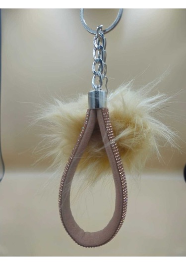 Camel Taşlı Tilki Tüyü Bej Angel Anahtarlık