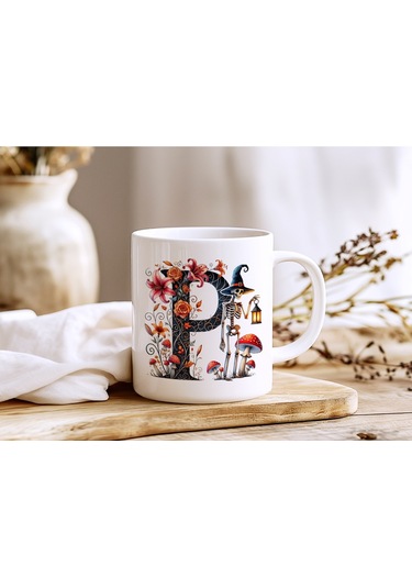 P Harfi Şapkalı İskelet Figürlü Ve Çiçekli Kupa Bardak - Cadılar Bayramı / Halloween Özel Hediye Beyaz