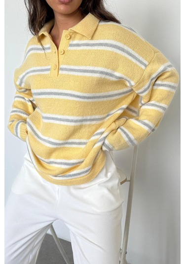 Sarı Polo Yaka Çizgili Kadın Triko Kazak Mg2469 Sarı