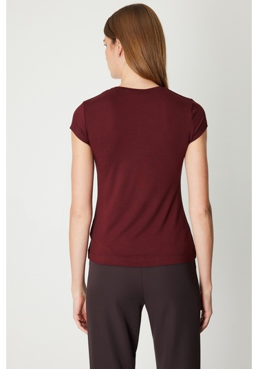 On Kadın Sıfır Yaka Ay Kol Basic Bluz 61302 Bordo Bordo