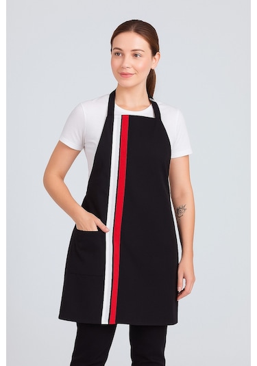 Kadın Boyundan Asmalı Çizgili Barista Şef Mutfak Önlüğü 60x85 Cm Siyah