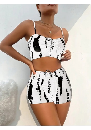 Kadın Büzgü Detay Askılı Crop Mini Tayt Ikili Takım Beyaz