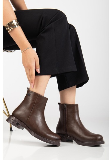 Kadın Bot Kahve Suni Deri Kauçuk Taban Yüzüdüz-4218 Kahve