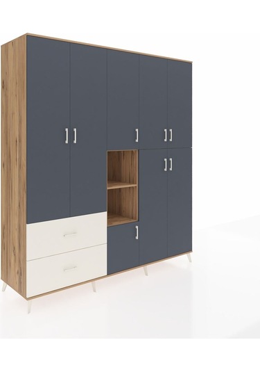 Kronos Dolap 12 Raflı 2 Çekmeceli Tek Askılı 220x59x243 Çam-antrasit/aytaşı Antrasıt/aytası