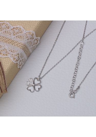 Yonca Kalp Model Zirkon Taşlı 925 Ayar Gümüş Kadın Kolye Gümüş - Rodyum