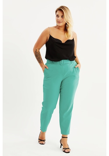 Cep Detaylı Kemerli Klasik Pantolon-1602 Yeşil