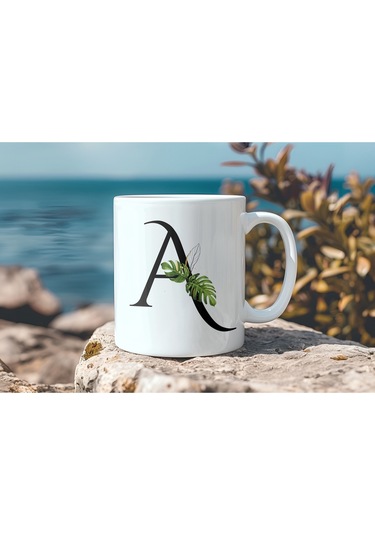 A Harf Zarif Yaprak Desenli Kupa Bardak - Naturel Sade Alfabe Harfli Bardak - Kişiye Özel Hediye Beyaz