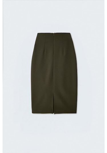 Sateen Düz Kalem Etek - Haki-137387