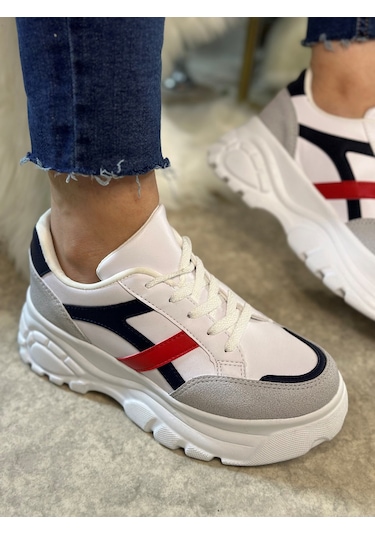 Günlük Kadın Sneaker Kalın Yüksek Taban Bağcıklı Rahat Tiger Şeritli Spor Ayakkabı 032 11-taş Laci Kırmızı